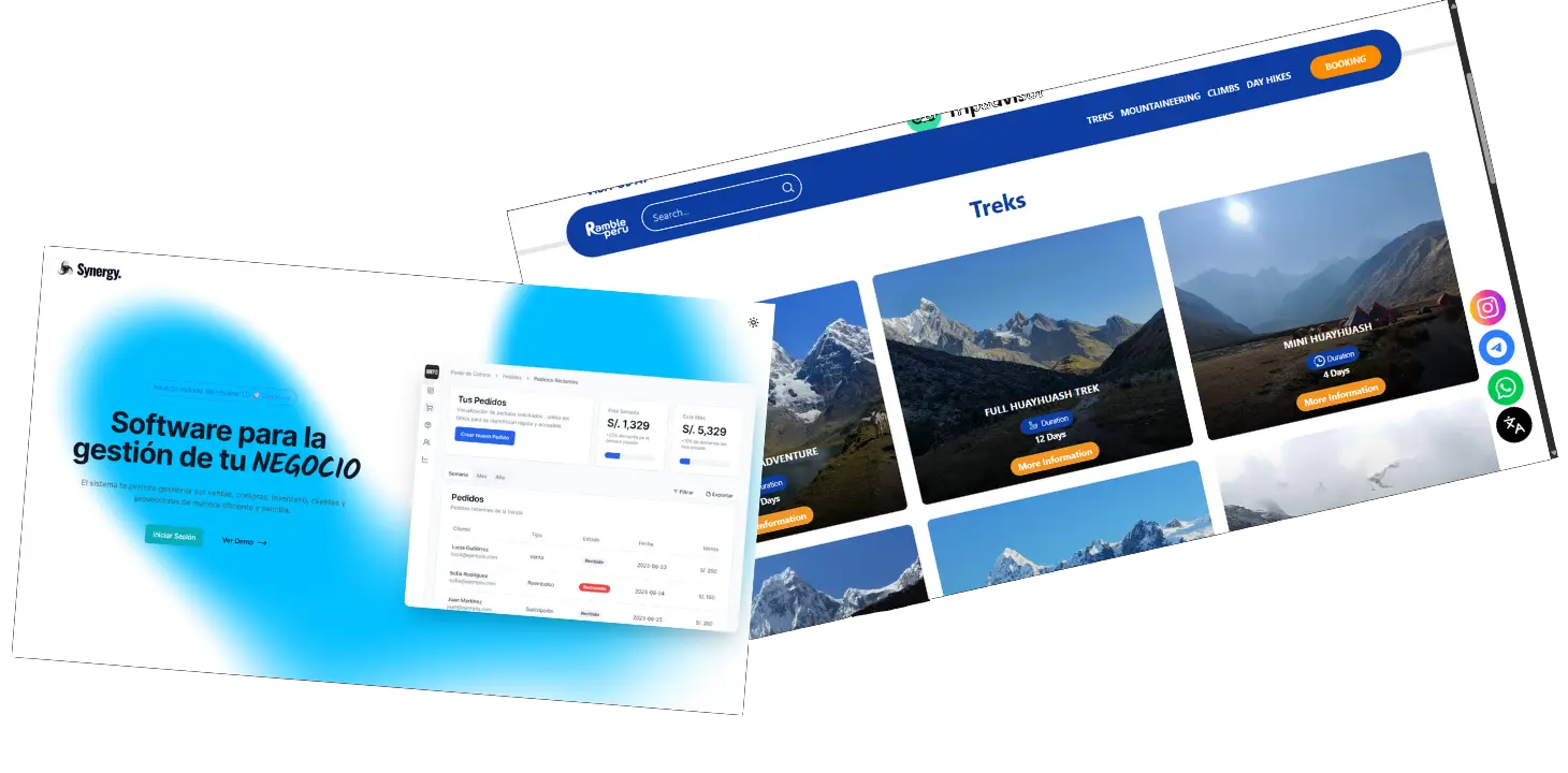 Vista de dos interfaces web con un diseño moderno y oscuro. La primera pantalla muestra el título "Detrás del Código" con un cohete y un fondo oscuro, explicando el origen de un proyecto de software comunitario. La segunda pantalla presenta una plataforma para encontrar ponentes, con un diseño atractivo, fotos de expertos y un botón de búsqueda destacado.
